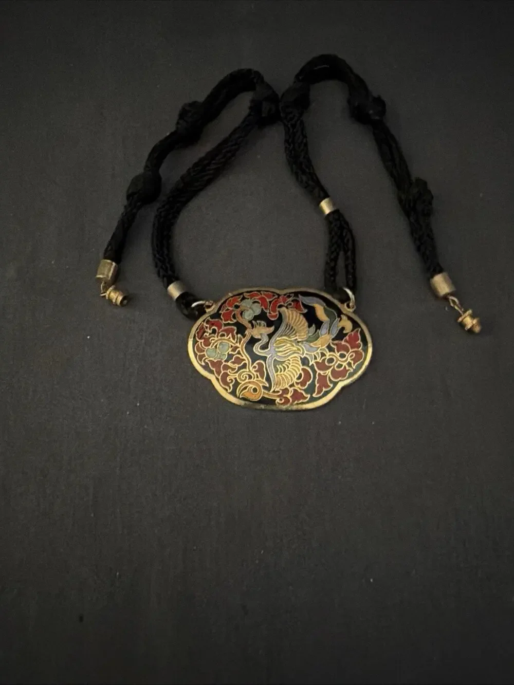 Vintage Cloisonné Brass Bird Pendant on Black Cord